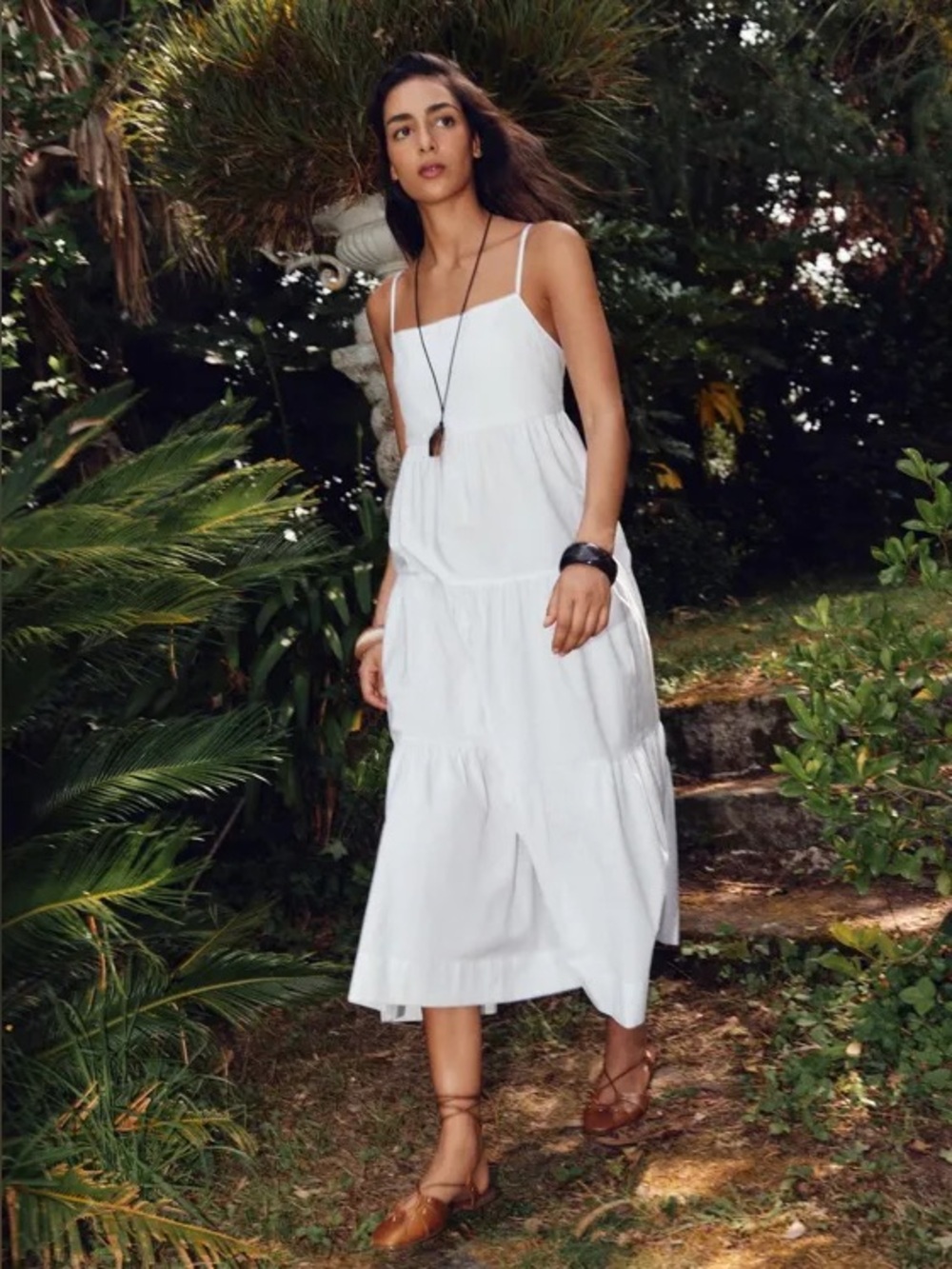 ZARA Organic Cotton Poplin White Tiered Sleeveless Tie-back Midi Dress. - Picture 2 of 13